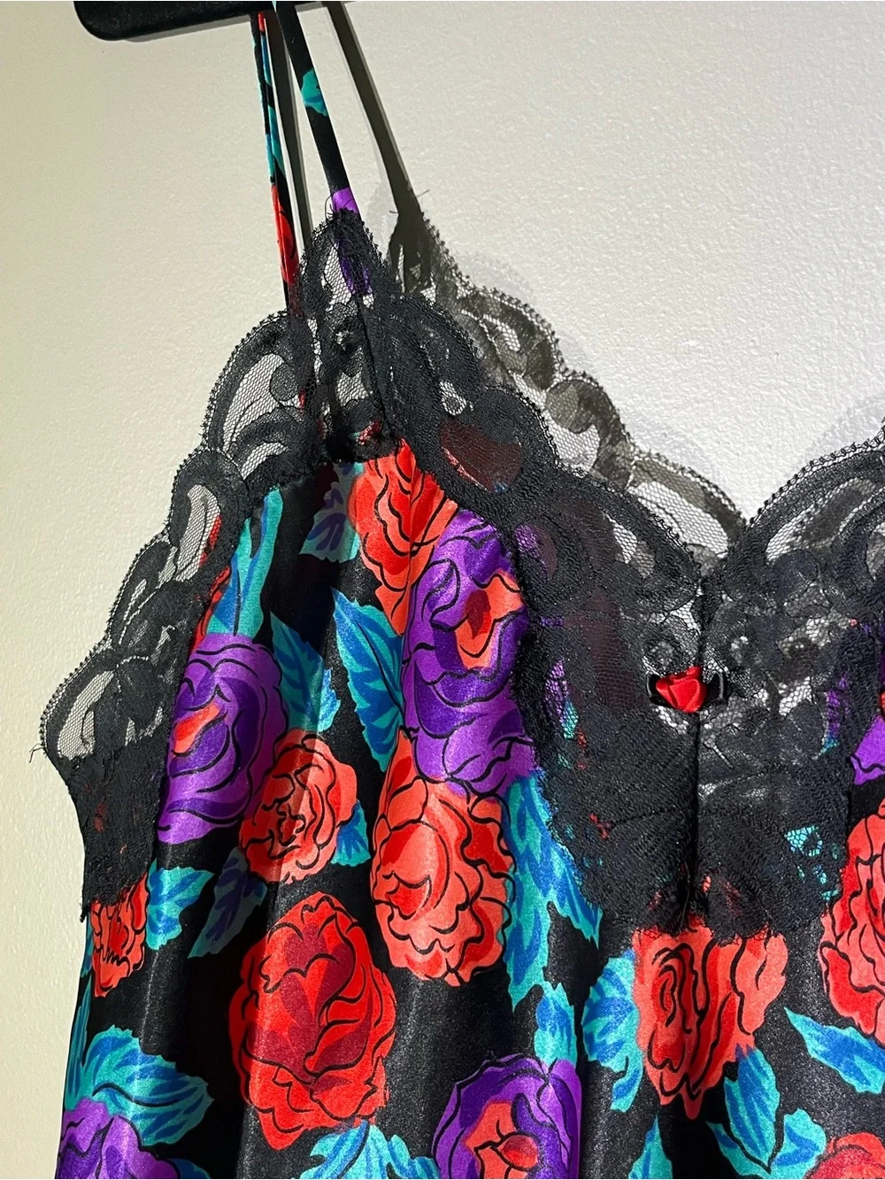 Vintage 90s Cine Star Floral Satin Lace Trim Camisole Top/Mini Dress - Medium - Picture 3 of 5